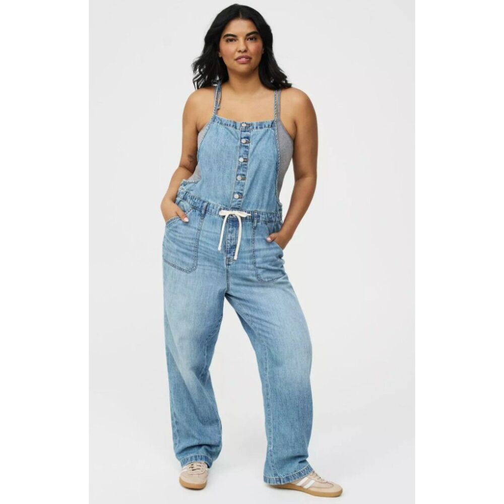 TORRID Blue Denim Sz 14 Shoulder Tie Drawstring Waist Blue Jean Cotton Overalls